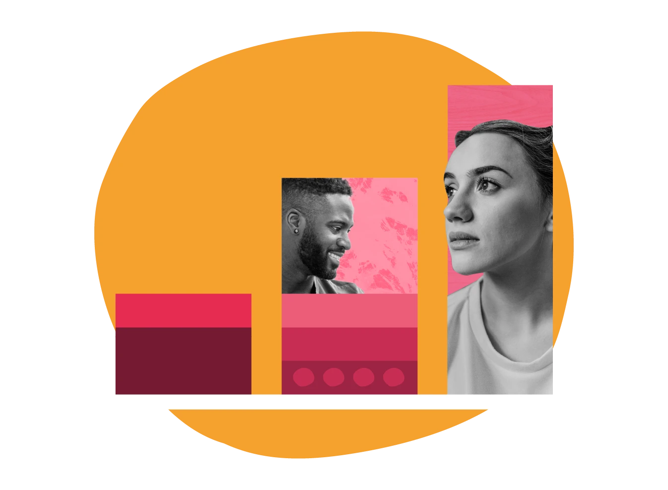 smiling man and thoughtful woman against colorful background, promoting diversity and engagement, colorful abstract shapes featuring individuals
