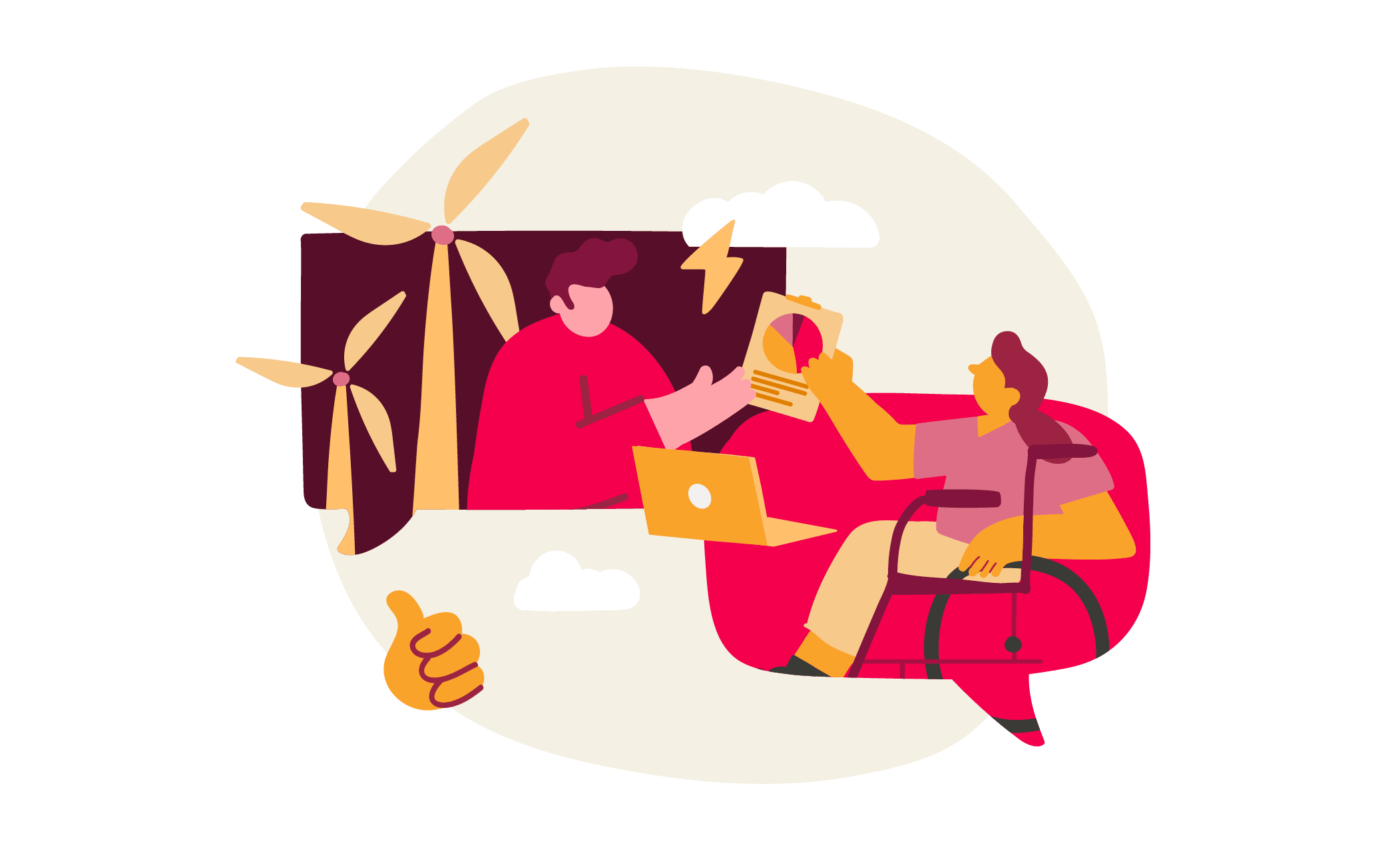 illustration of teamwork discussing sustainable energy with wind turbines, laptop, charts in a vibrant, modern style, collaboration on energy solutions, emphasizing innovative ideas and technology