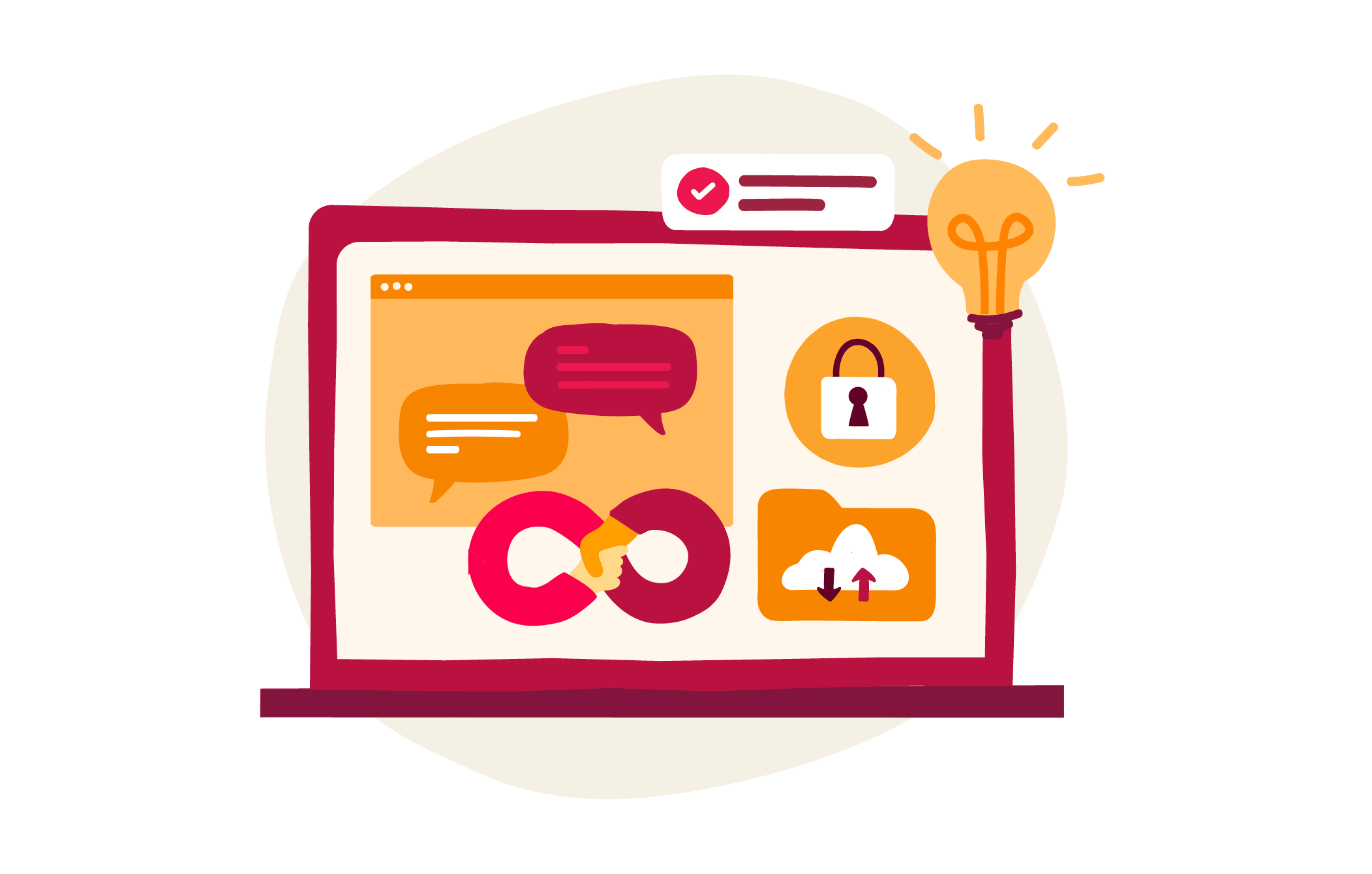 computer screen, chat icons and security symbols