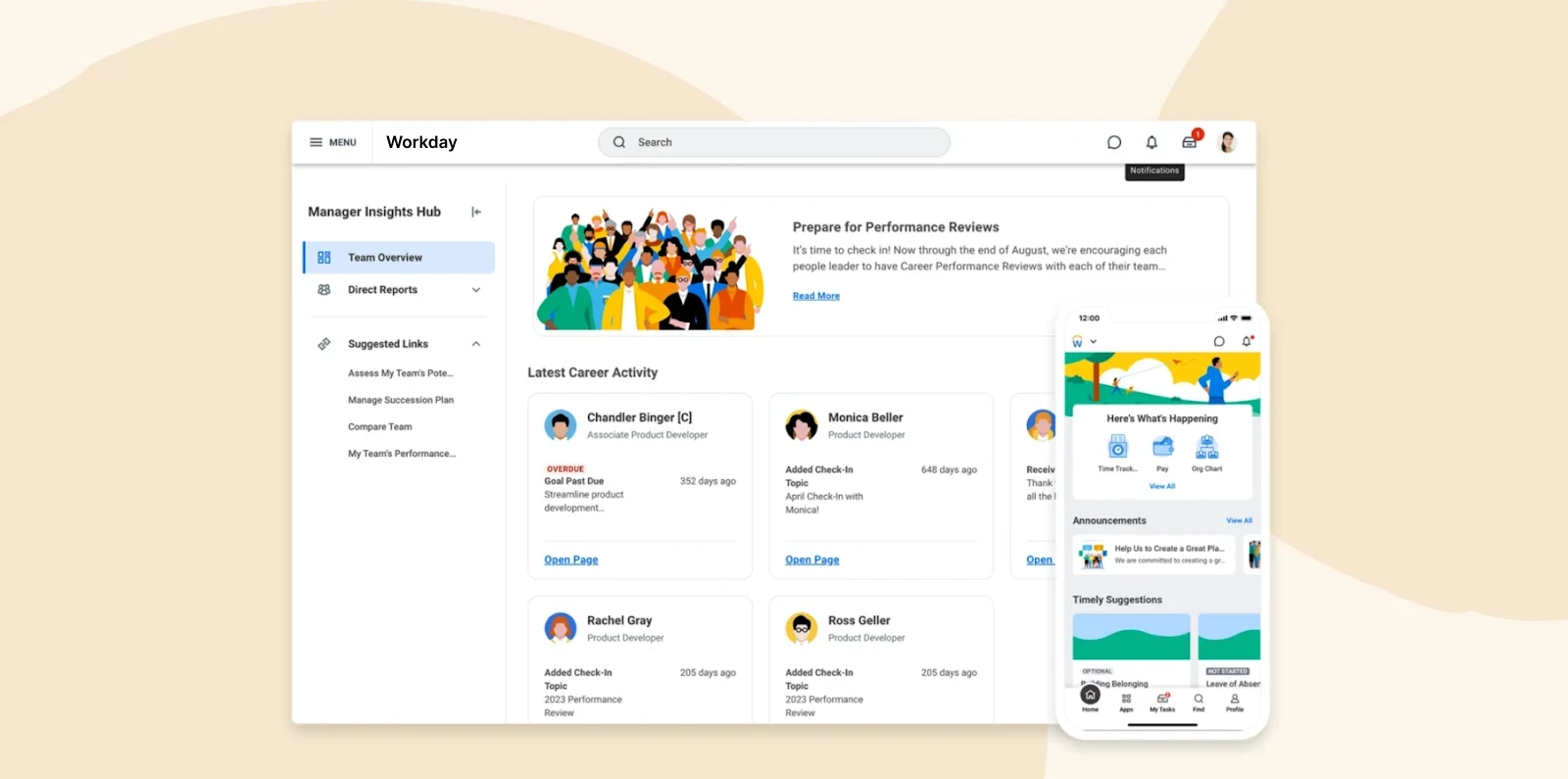 Workday interface displaying Manager Insights Hub, career activities, and mobile app features for performance reviews. Team engagement. manager insights, performance reviews