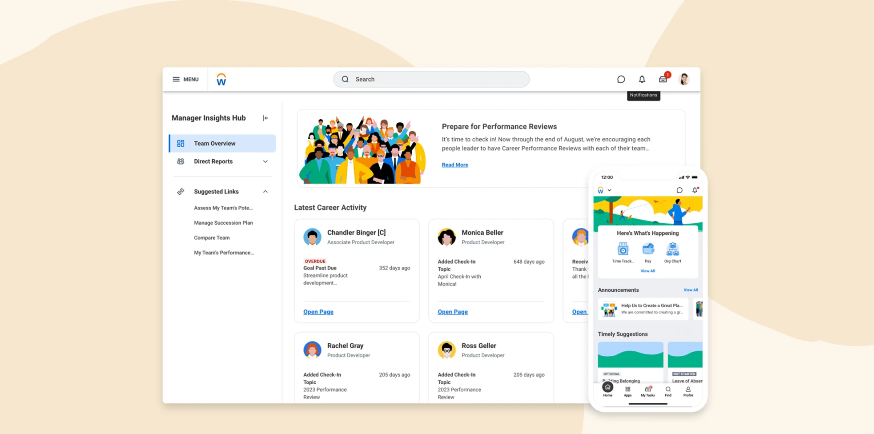 manager insights hub interface with performance review notices, mobile app showcasing team activity and updates