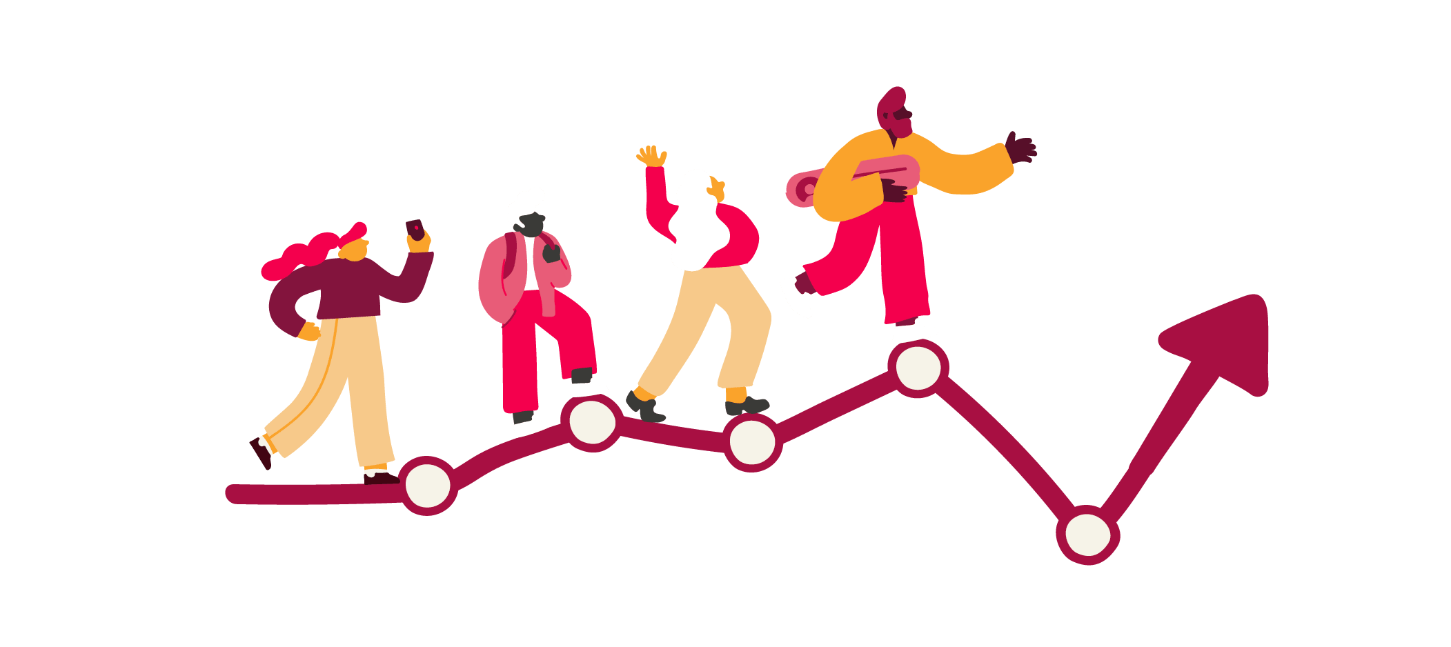 people walking on a graph line, illustration of diverse individuals celebrating progress and growth through a positive trend