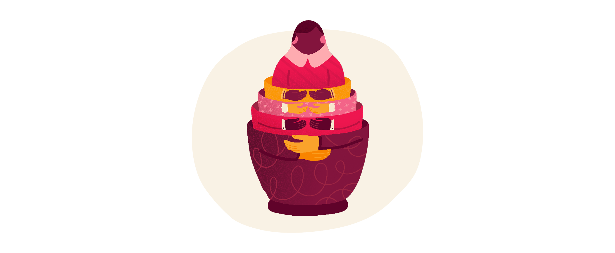 scoops of colorful ice cream stacked in a bowl surrounded by playful hands holding it, illustrative dessert art representing joy