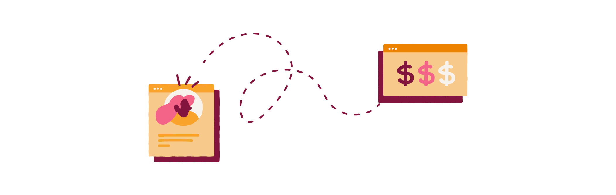 digital connection between two colorful screens displaying interface elements and currency symbols, illustration of financial interaction online