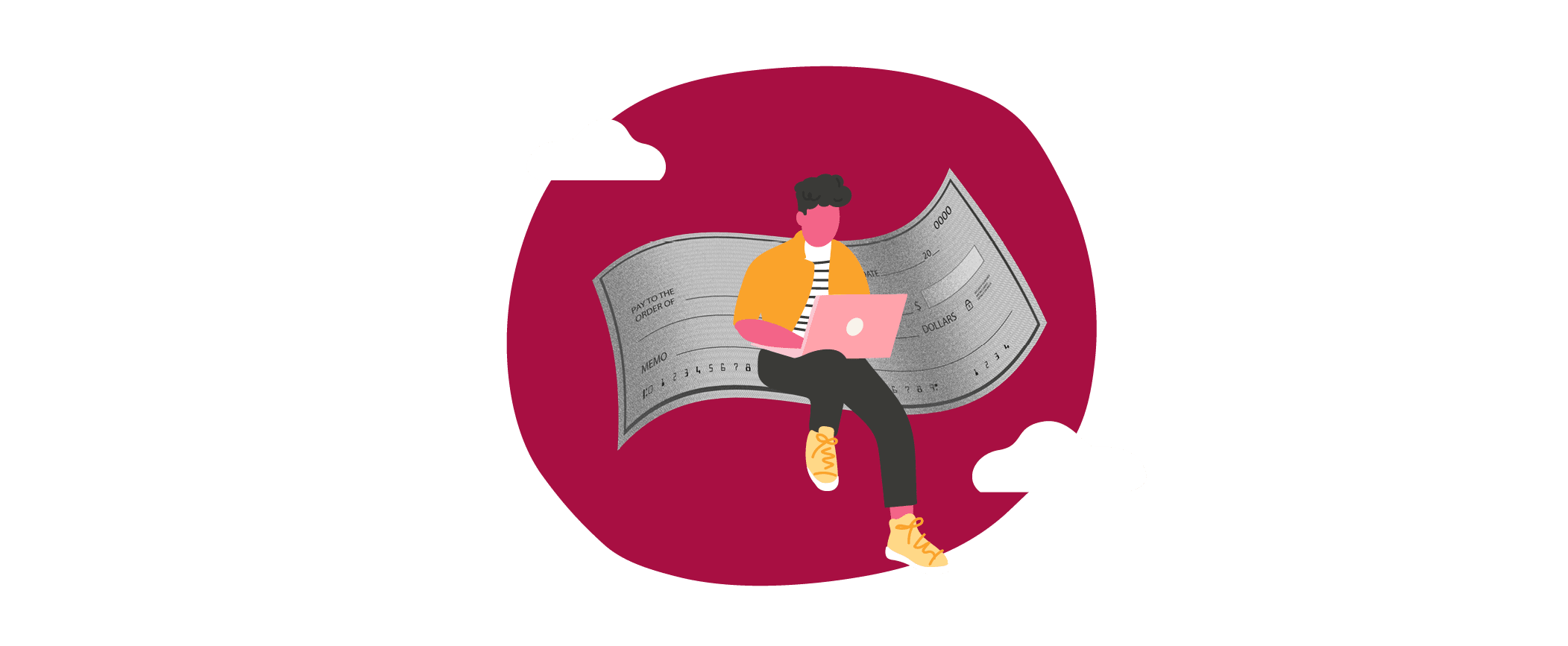person working on a laptop surrounded by a check and clouds, illustration of financial concepts and remote work