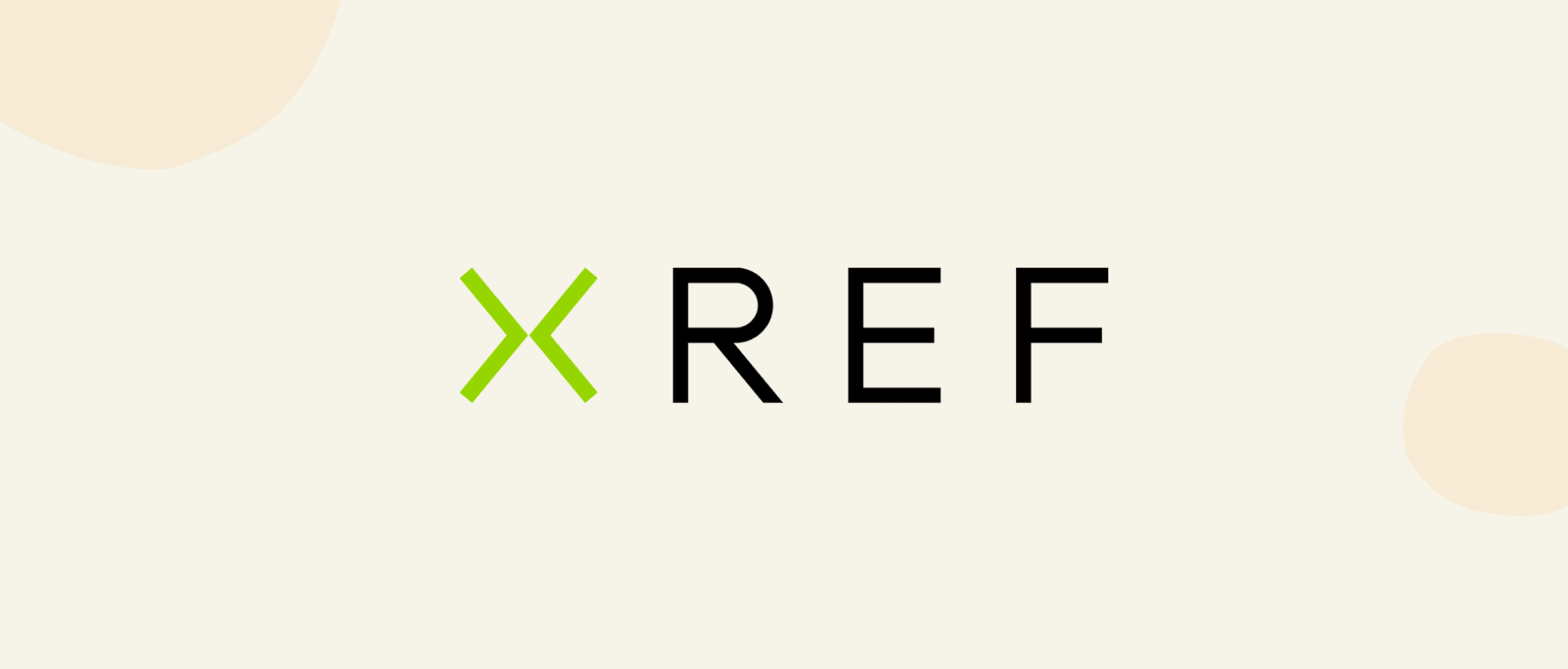 XREF logo featuring bold black text with a vibrant green 'X' against a soft beige background. Modern design elements., Modern logo design with XREF branding in green and black hues, set on a minimalist beige backdrop.