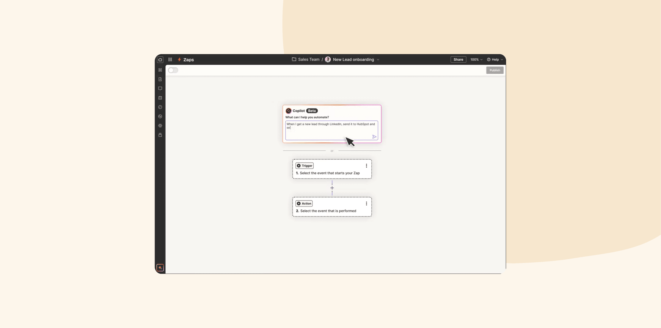 Copilot interface for automation setup, showcasing lead generation from LinkedIn to HubSpot. Features trigger and action steps. copilot, automation_setup