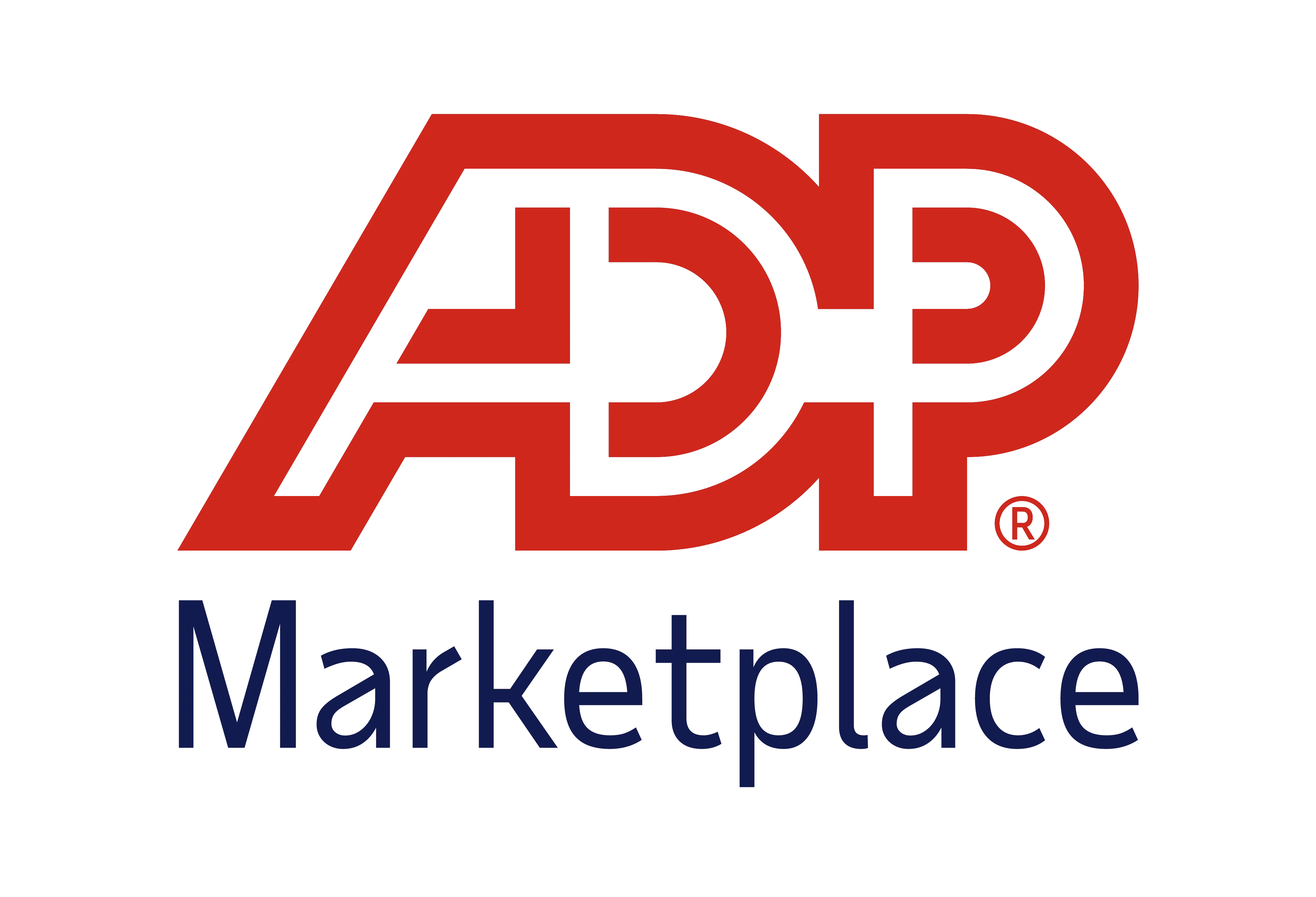 ADP logo with bold red letters and blue "Marketplace" text beneath, set against a black background., ADP logo design with accompanying 'Marketplace' label.