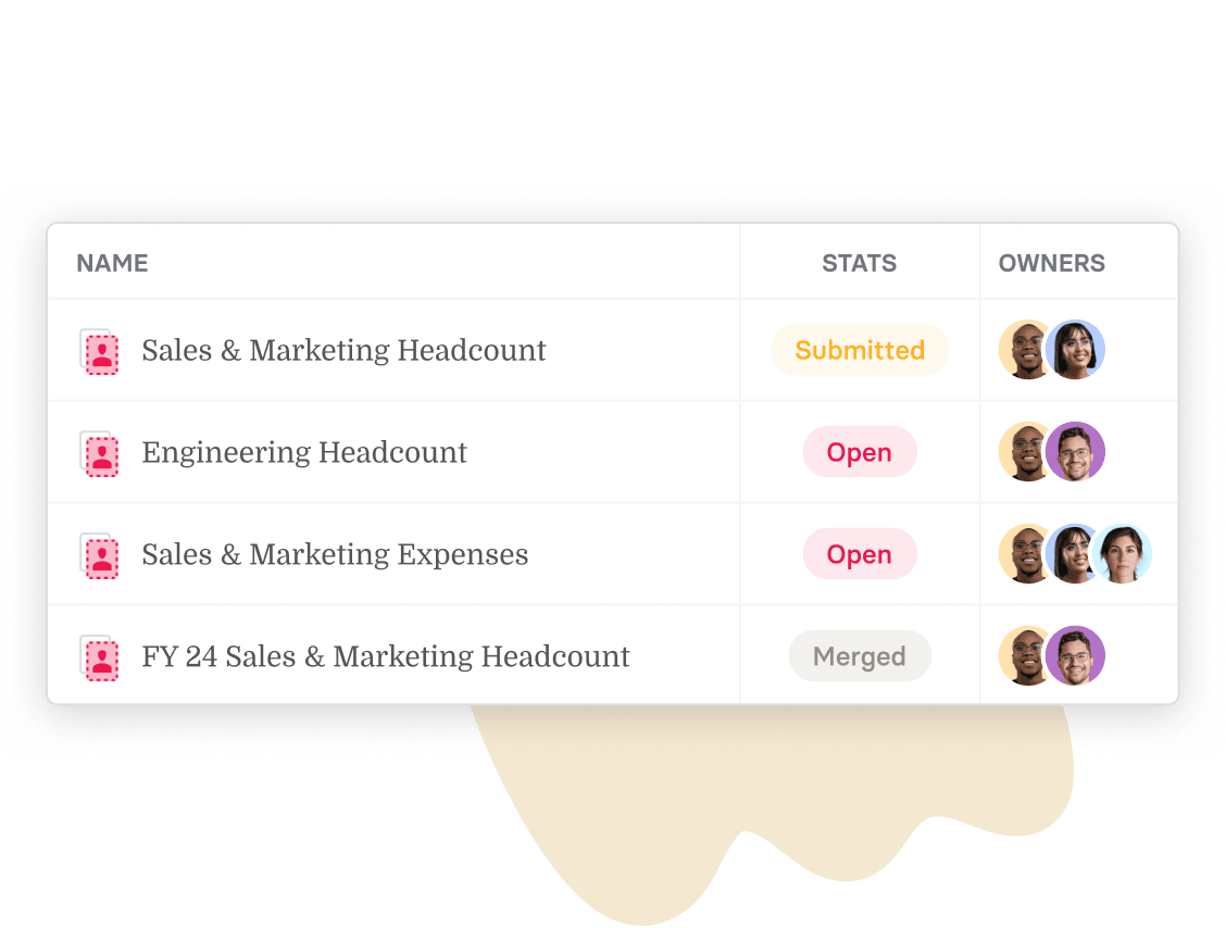 Sales and Marketing headcount stats with owner images displayed in a modern UI interface for project tracking. , SalesMarketing, ProjectTracking