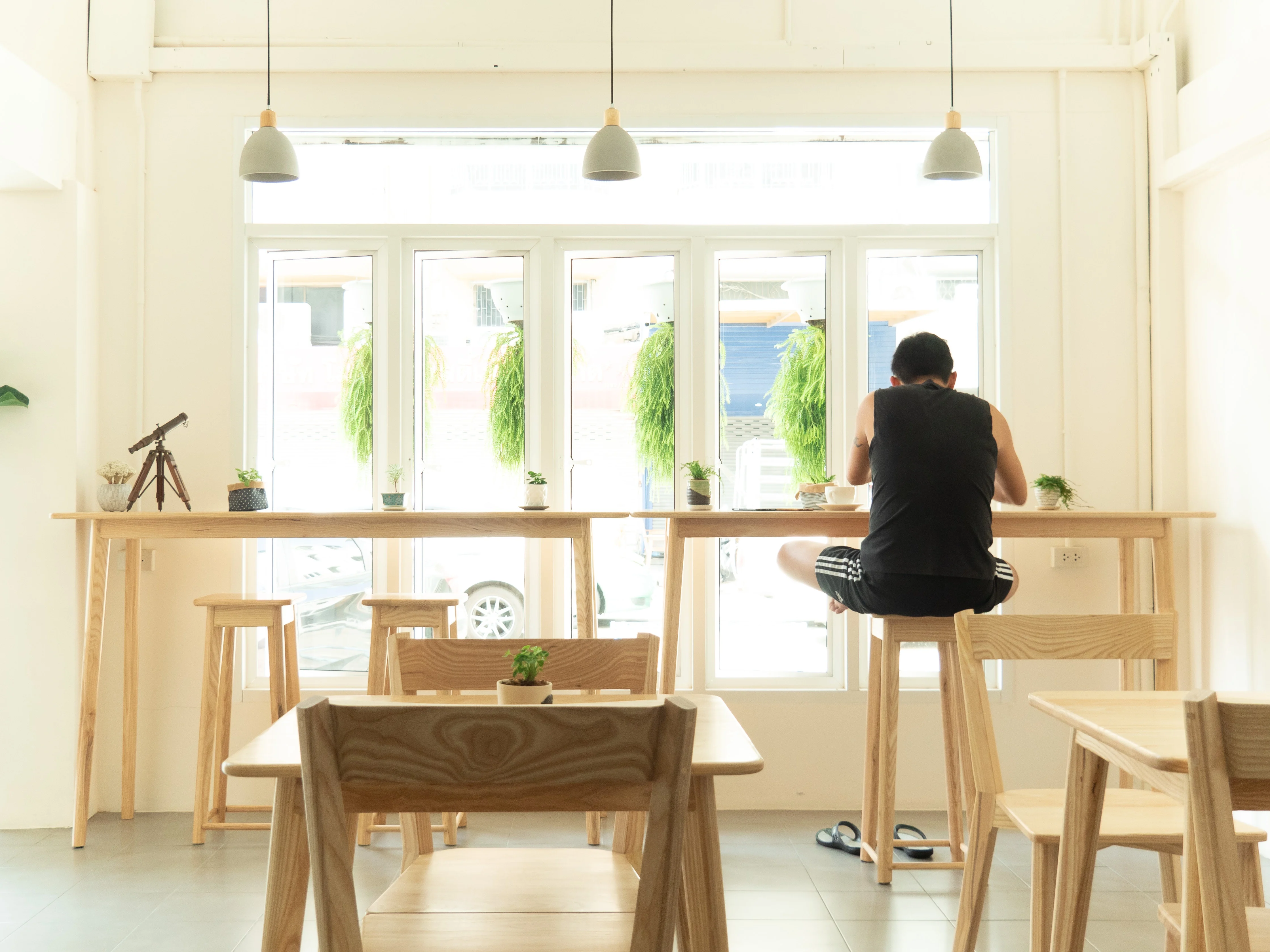 café interior with wooden furniture, person sitting at tall table near windows, plants, and telescope in a bright space