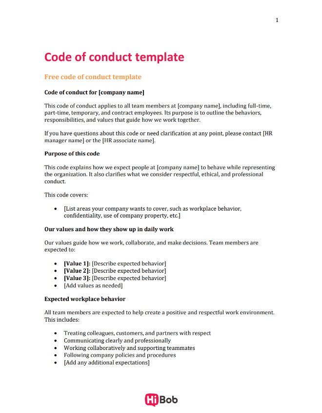 Code of conduct template outlining workplace behavior and expectations for team members at a company. HiBob branding included., Code of conduct template, Workplace behavior outline and expectations