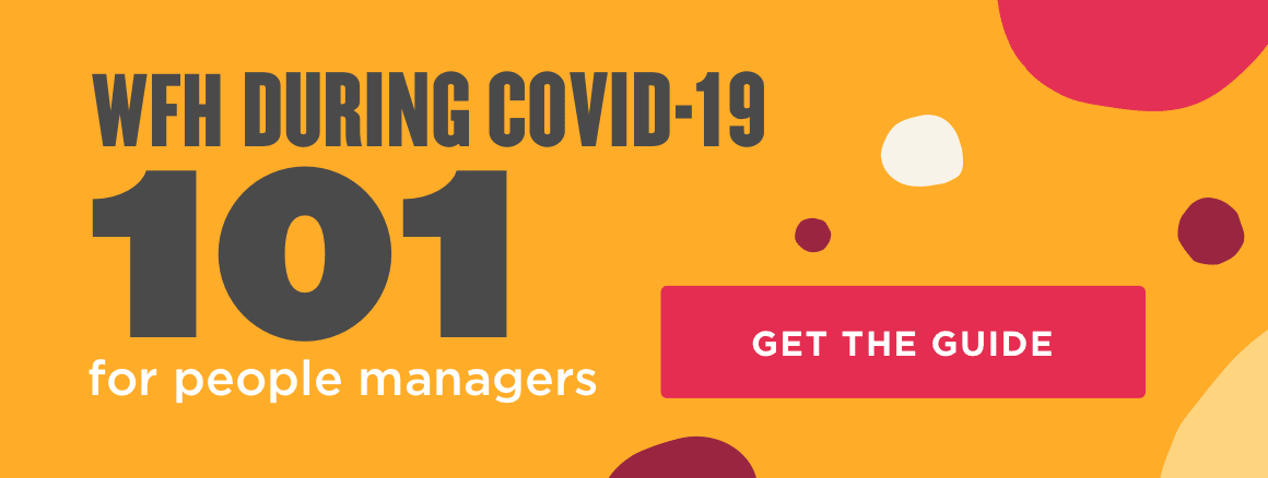 WFH during COVID-19 guide for managers with colorful geometric shapes on an orange background, Get the guide for remote work tips