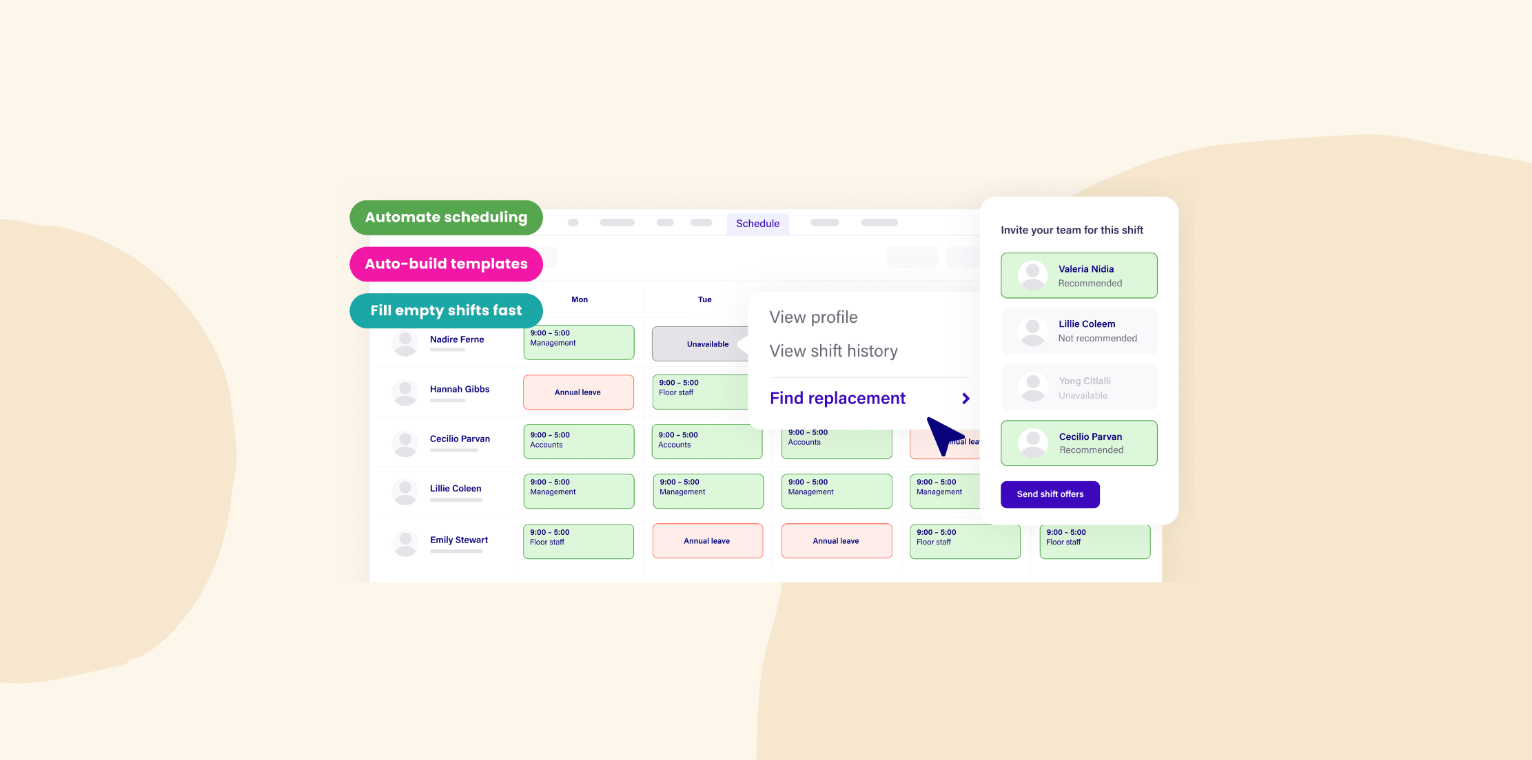 schedule management, team shift scheduling interface