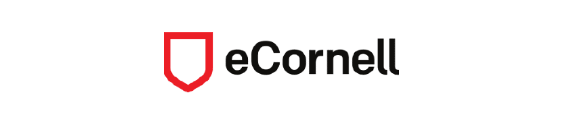 eCornell logo featuring a red shield and black text representing online education, Stylized shield design combined with eCornell branding