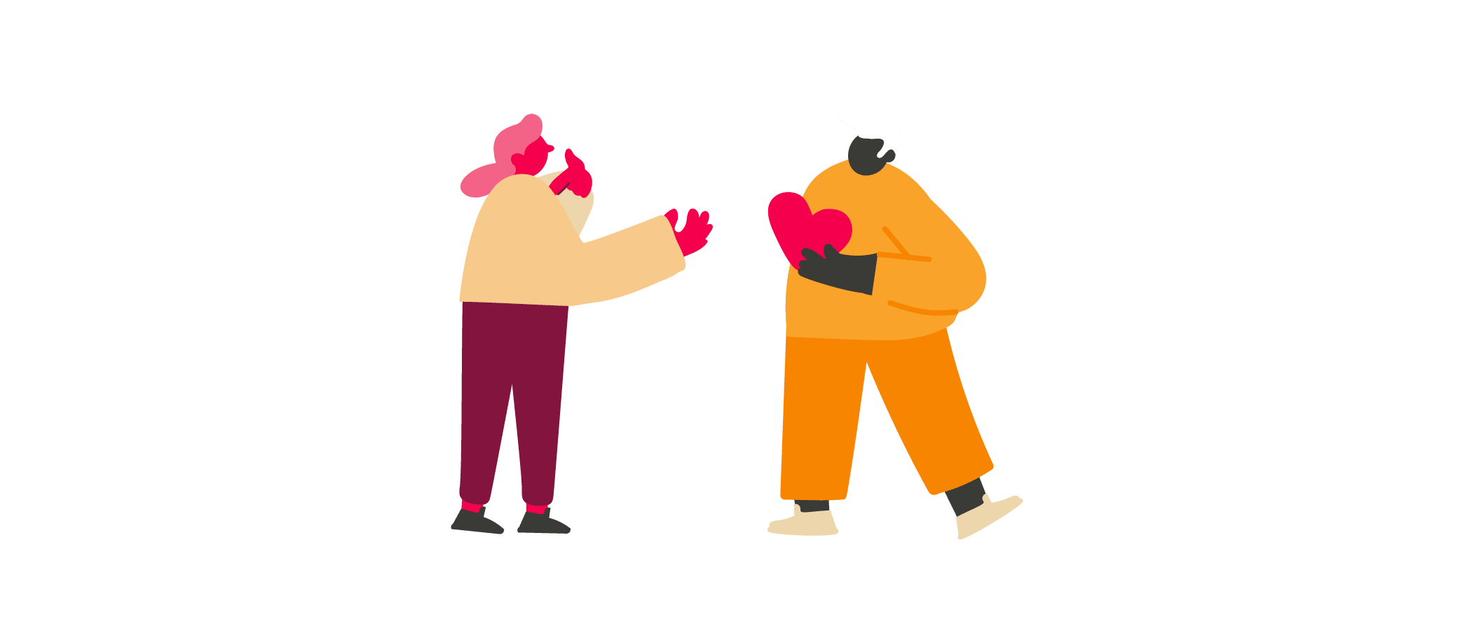 colorful illustrations of two diverse individuals exchanging hearts, symbolizing love and connection in a playful style