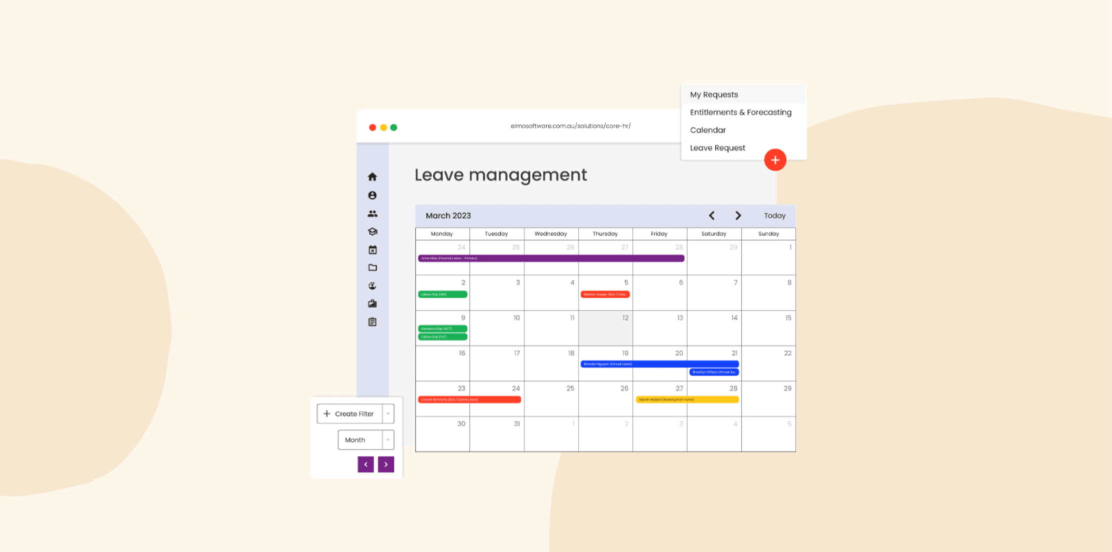 leave management calendar for March 2023 with color-coded days for various leave types and a sidebar menu, leave request feature for easy access