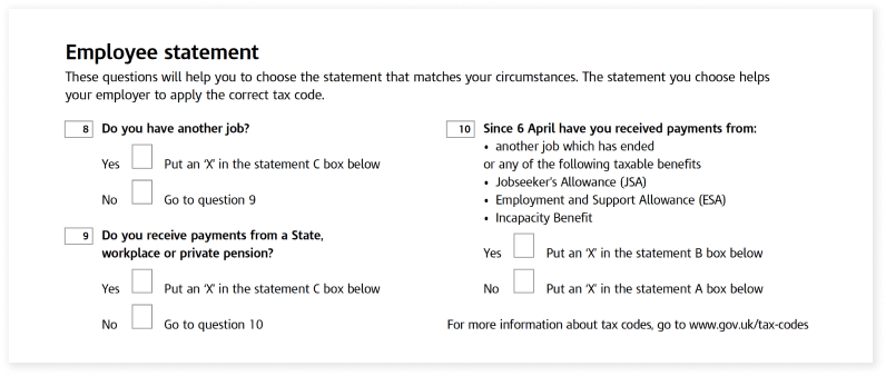 Employee statement form with tax-related questions; includes checkboxes for job status and benefits received. , employee_statement, tax_questions