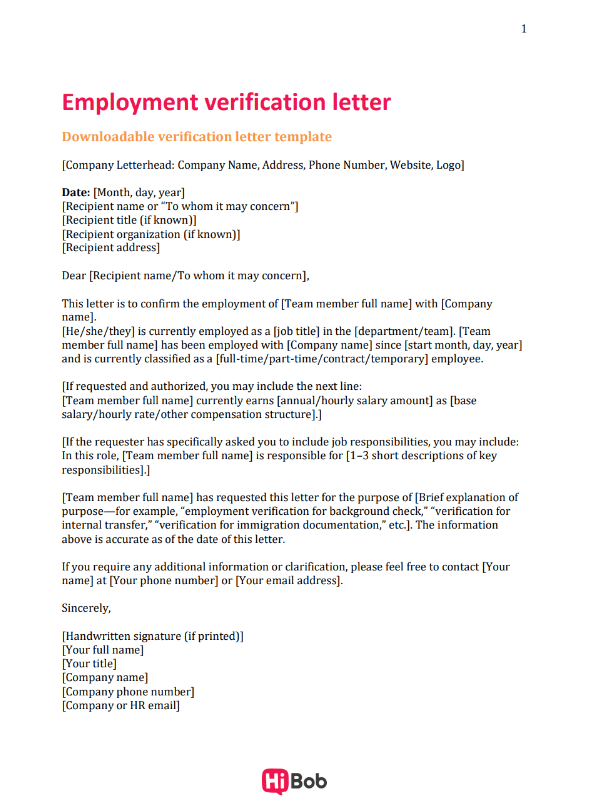 employment verification letter template, downloadable employment confirmation document with customizable sections