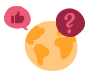 earth globe with like and question icons for global engagement, symbols of positivity and inquiry surrounding the world