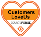 Customers LoveUs Badge in Heart Shape by SourceForge, Customer review recognition badge in vibrant orange and white design