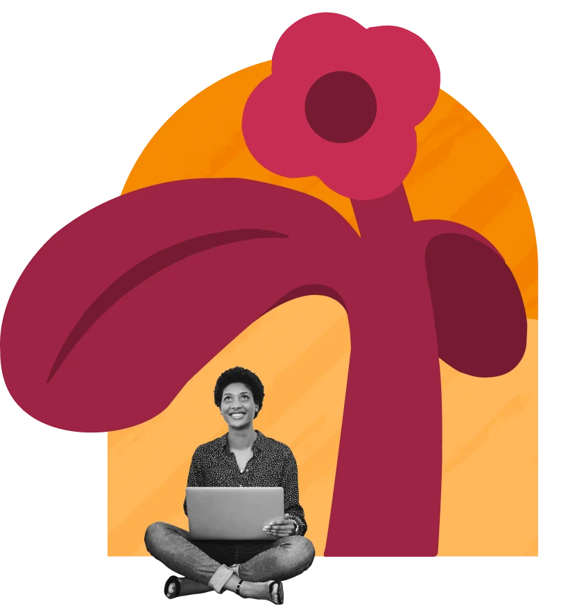 person smiling with laptop surrounded by stylized flower and sunset, colorful illustration of nature and technology blend