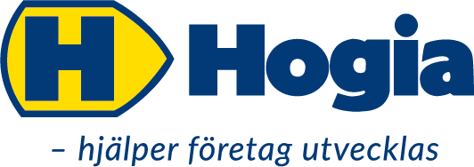 Hogia logo, featuring a bold yellow and blue color scheme with the tagline "hjälper företag utvecklas" below. Hogia, hjälper företag utvecklas