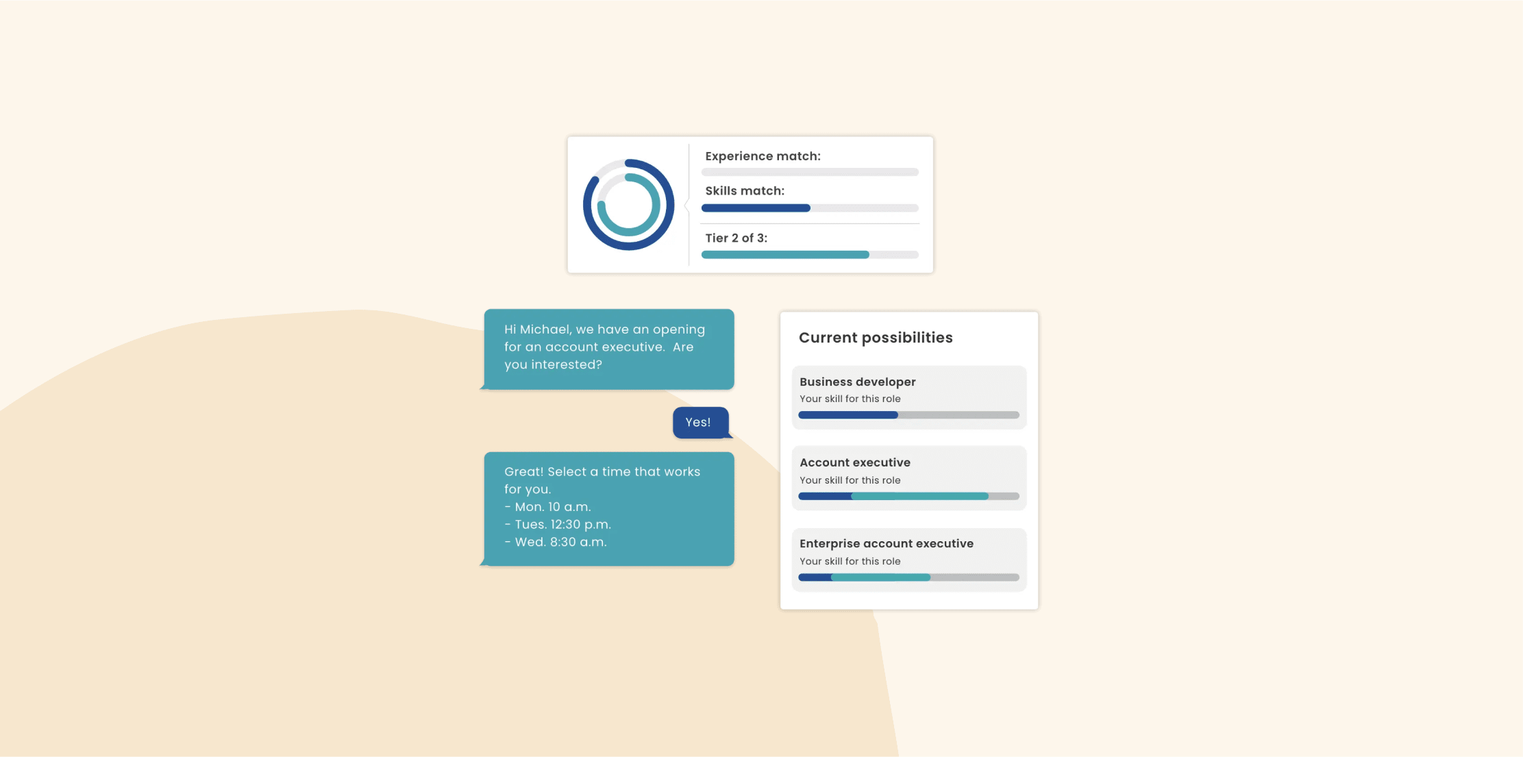 job application screen, experience and skills match indicators with potential job roles and scheduling options