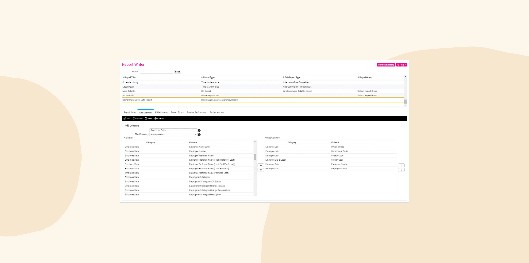 Report Writer interface showcasing employee data columns, filters, and customizable report settings. User-friendly design for data management.
