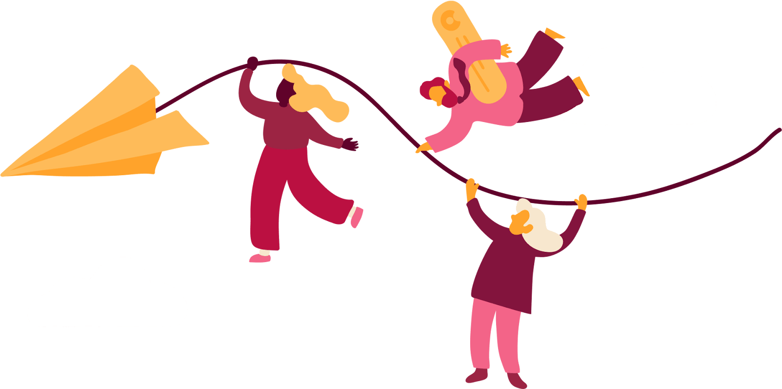 paper airplane, three colorful figures flying with a rope and a snowboard in a vibrant, playful scene