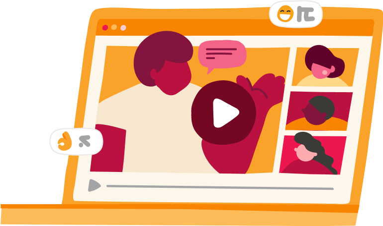 video call interface, animated characters sharing ideas