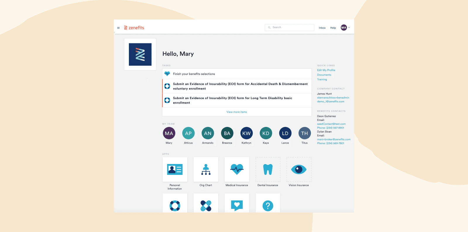 zenefits-dashboard, user-tasks-and-team-info