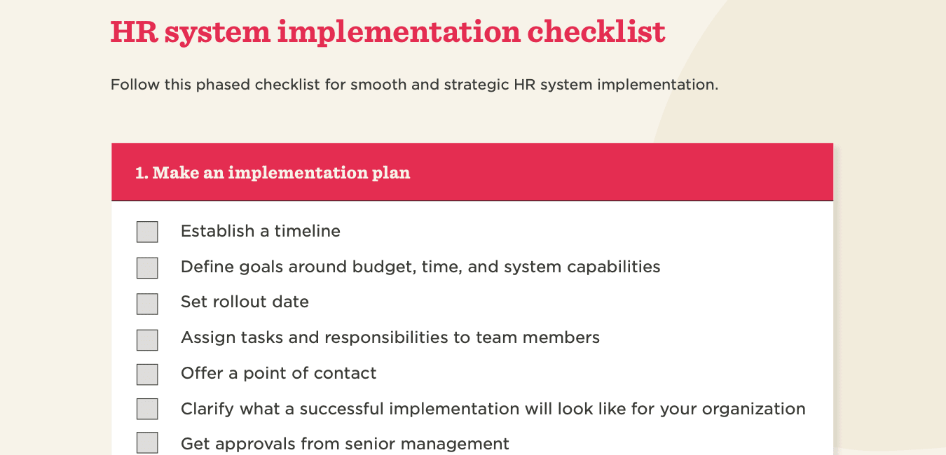 HR system implementation checklist titled "Make an implementation plan" with actionable items for effective onboarding. , HRchecklist, implementationplan