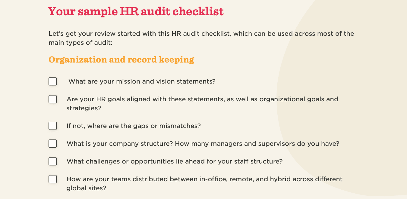 HR audit checklist featuring questions on mission, goals, structure, and team distribution for strategic planning. , HRChecklist, StrategicPlanning