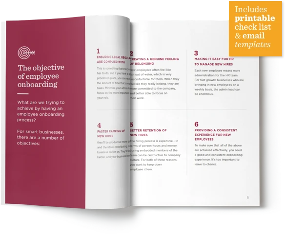 employee onboarding objectives booklet, includes printable checklists and email templates
