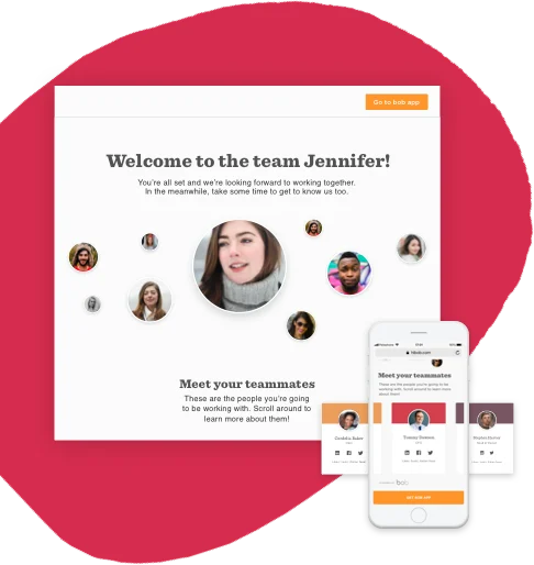 Welcome screen for new team member Jennifer, featuring team photos and a mobile preview. Engaging layout for onboarding. welcome, team, onboarding