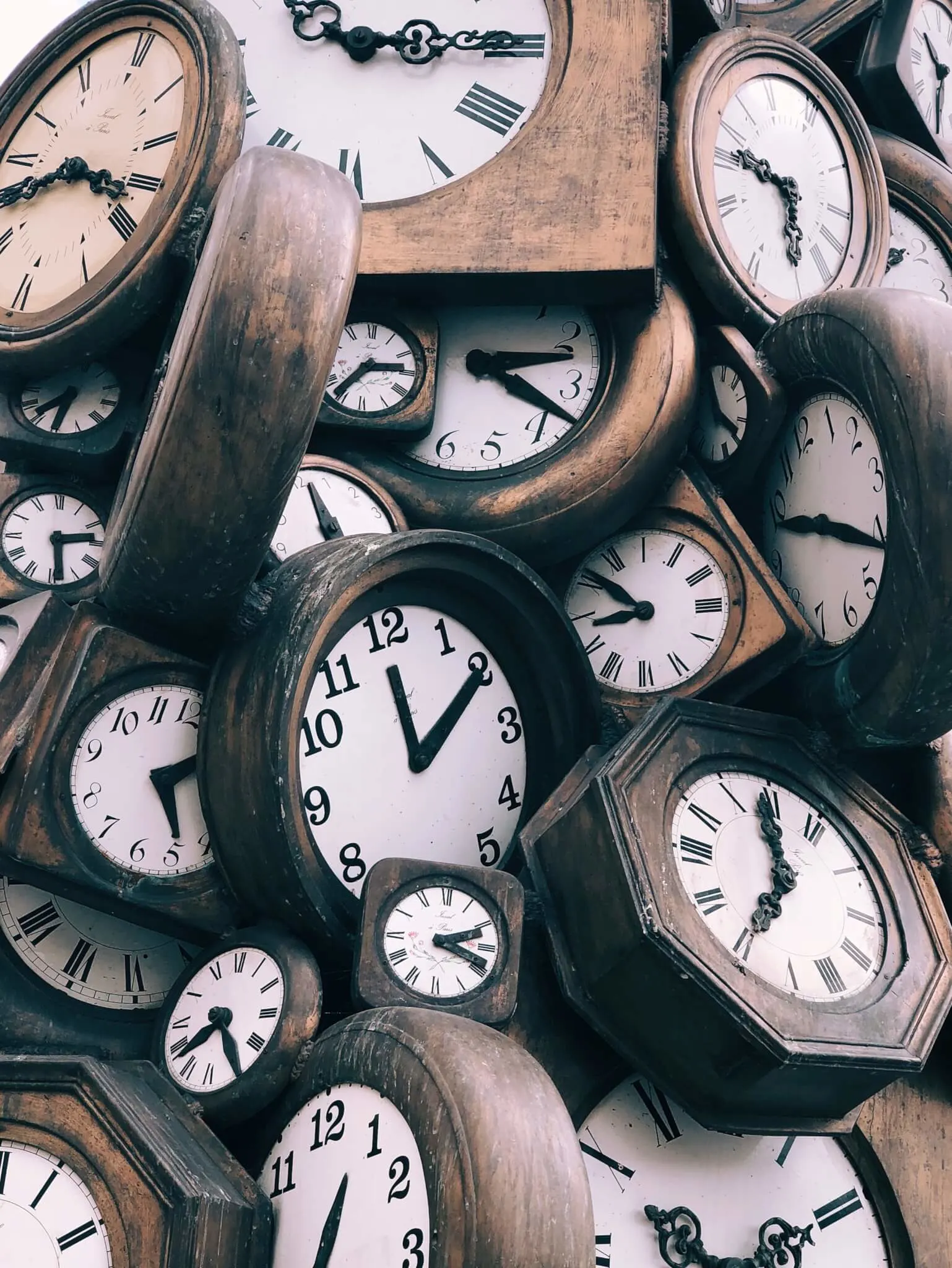 clocks, vintage, wooden, timepieces, stacked, artistic, design