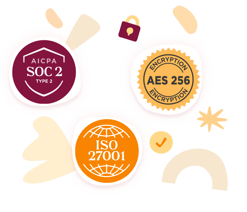 SOC 2 Type 2 and ISO 27001 certifications with AES 256 encryption, emphasizing security and compliance standards., security, certification