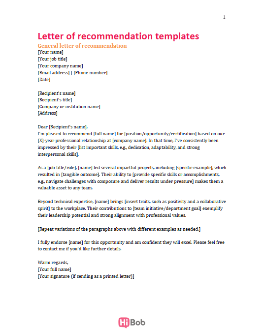 Letter of recommendation template with sections for personal details and endorsements for professional opportunities. HiBob branding., recommendation template, professional endorsement