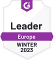 Leader badge for G2, Europe, Winter 2023, highlighting top-ranking software in the market., G2 Leader Badge, Winter 2023 Award