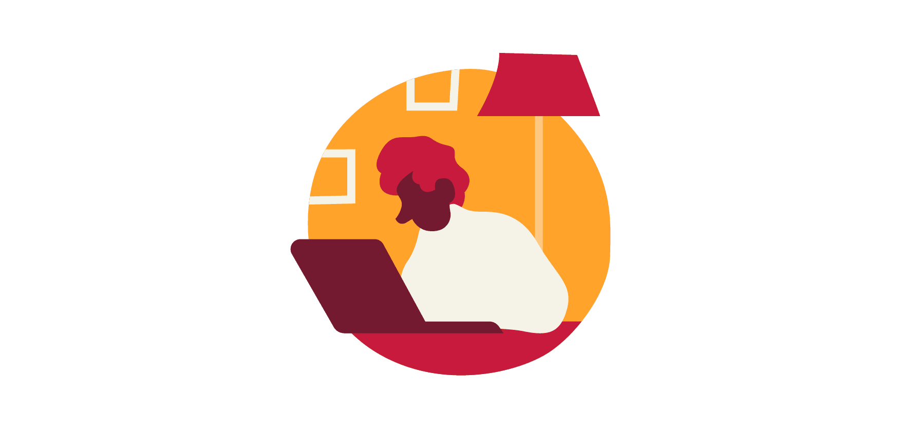 working person at laptop in bright room with lamp and abstract wall decor, home office illustration with warm colors