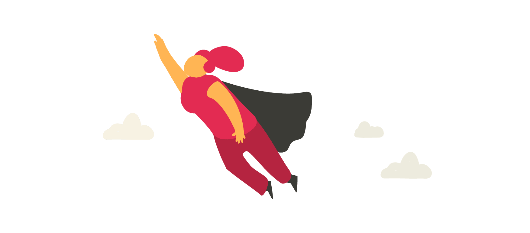 superhero character flying with a cape and raised fist above fluffy clouds, dynamic illustration of empowerment and strength