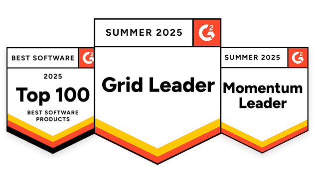 Top 100 Best Software Products 2025, Grid Leader and Momentum Leader badges for Summer 2025 by G2. Recognition in software industry., Top100, GridLeader