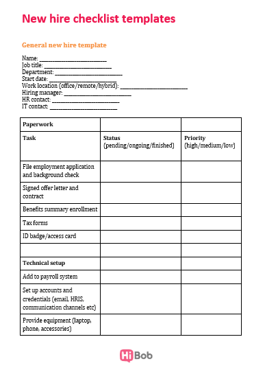 new hire checklist template with sections for name, job title, tasks, and technical setup; includes status and priority indicators, HR onboarding document layout with HiBob branding, focused on new employment paperwork and processes