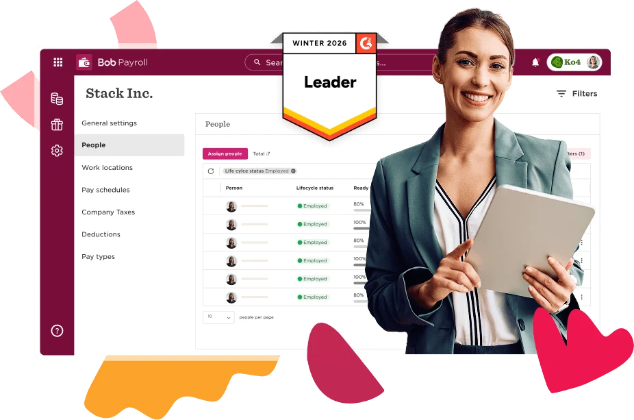 Stack Inc. payroll interface showcasing an engaged professional with tablet, highlighting employee lifecycle statuses and a leaderboard. Stack Inc., Leader