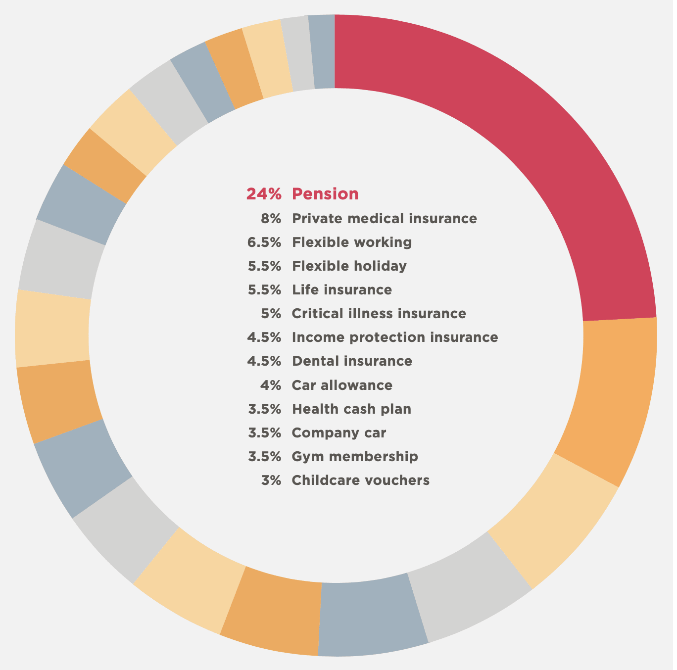 Pension benefits chart showing 24% allocation, other perks like medical insurance and flexible work options. , PensionBenefits, EmployeePerks