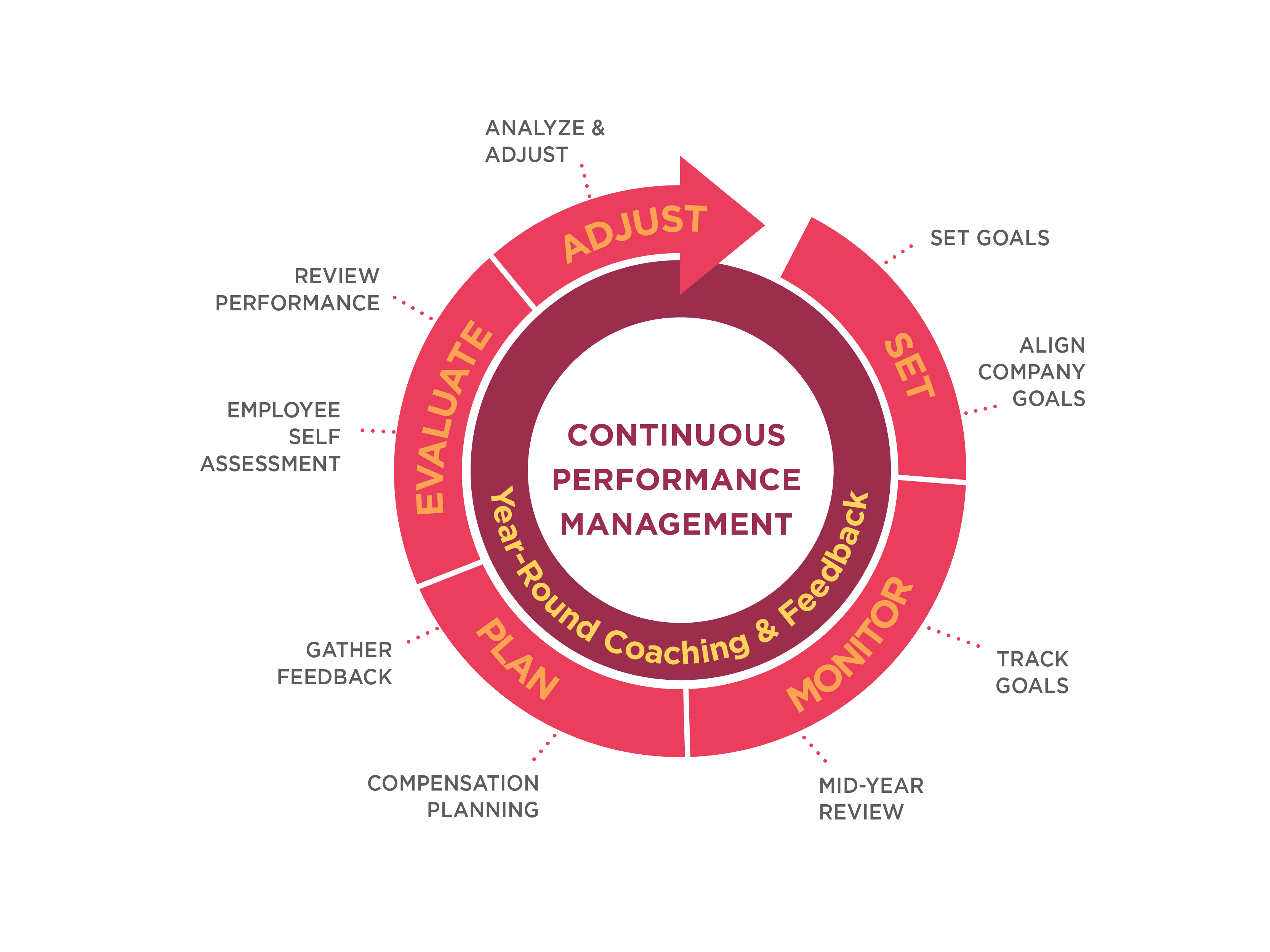 continuous performance management cycle illustration, goal setting evaluation monitoring planning feedback review