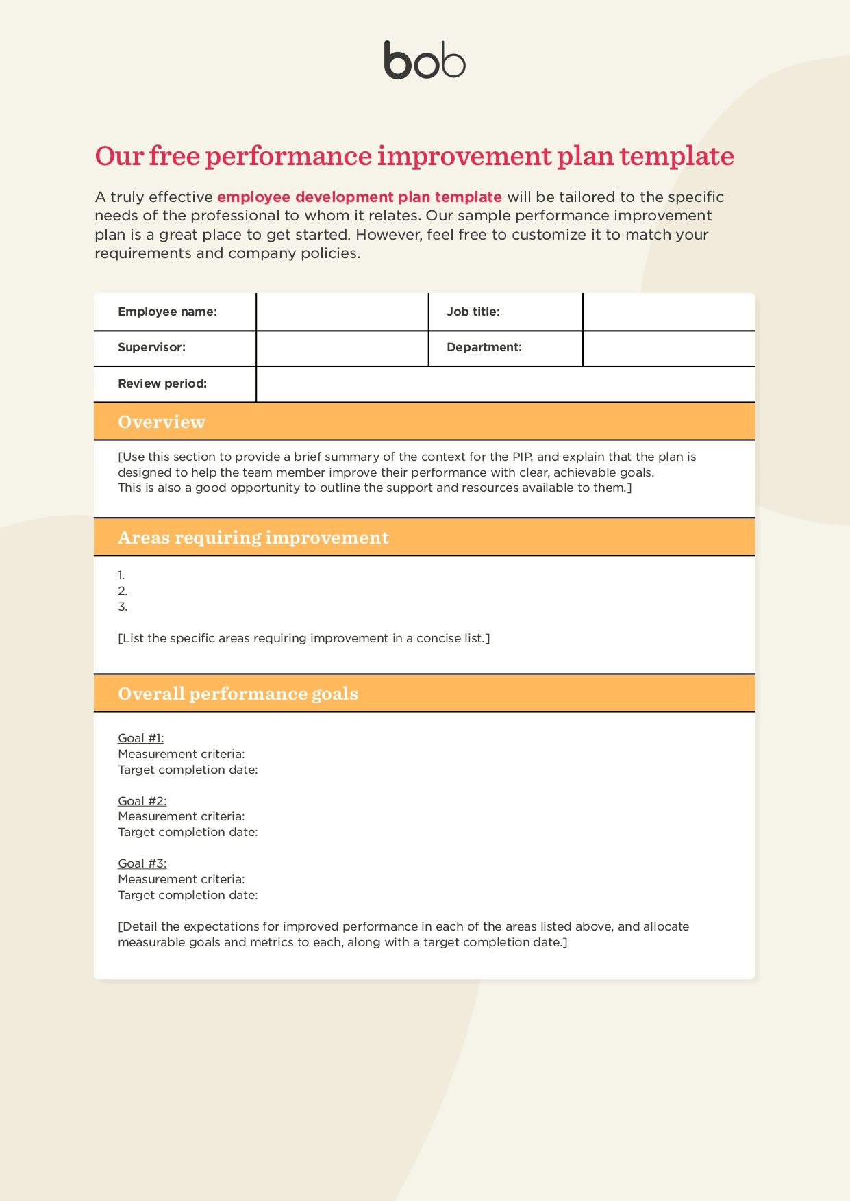 performance improvement plan template, employee development plan with sections for goals, review, and areas needing improvement
