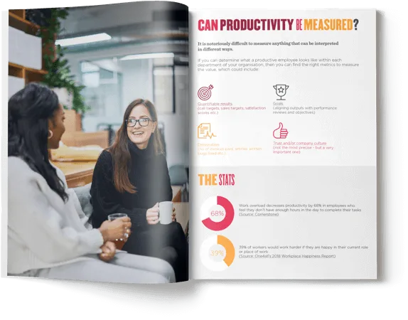 can productivity be measured? discussion on employee metrics, performance, and workplace satisfaction statistics, two women chatting in a workspace with a magazine display on productivity and stats