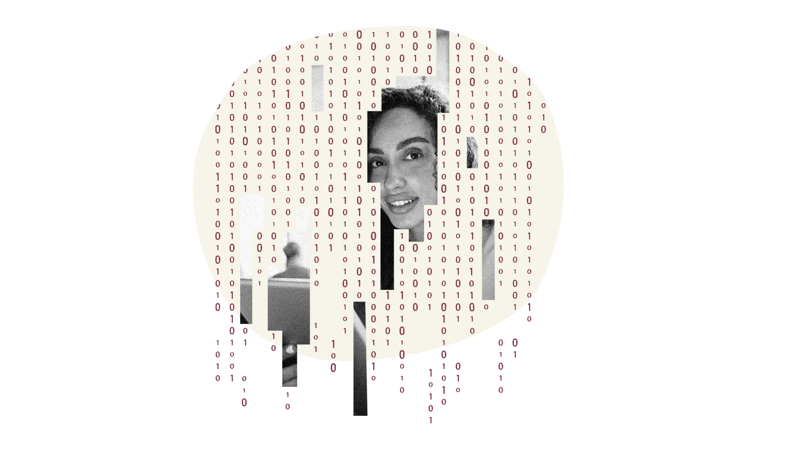 digital art, woman smiling with binary code overlay