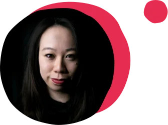 portrait of a woman with long black hair and a dark background, vibrant pink abstract shapes surrounding the figure